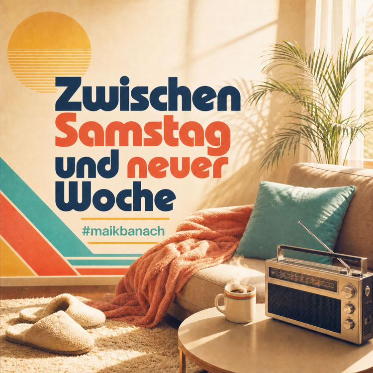 Wohnzimmer mit Sofa, Kissen, Radio, Pflanzen und dekorativen Elementen; Text "Zwischen Samstag und neuer Woche" im Hintergrund.